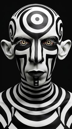 a man with black and white face paint on his body is looking at the camera