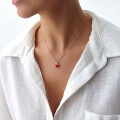 This elegant red heart necklace is crafted with 14k solid gold, embodying timeless beauty and sophistication. Its minimalist design, combined with the finest craftsmanship, makes it a perfect piece for everyday wear or a meaningful gift for a loved one. This necklace is crafted with real 14k solid gold(not plated, not vermeil, not gold filled) You don't need to worry about water, perfume or conditioner contact since real gold doesn't tarnish. The center is hand applied red enamel on top of solid gold for the design purpose, hot applied enamel is the best and most resistant type of application in which enamel and gold bond together over extreme temperatures. This ensures that your piece keeps its beauty for decades to come. You can even wear this piece in water as well. 14k Gold Heart Cut Red Jewelry, Red 14k Gold Heart Cut Jewelry, Luxury Red Jewelry With Heart Charm, Luxury Red Heart Cut Jewelry, Luxury Red Heart-cut Jewelry, Red Heart Charm Fine Jewelry, Red Fine Jewelry With Heart Charm, Red Heart Necklace With Clavicle Chain, Fine Jewelry Heart Necklace As Gift For Her