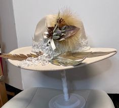 This one of a kind off white felt hat is embellished with pearls, sequins and lace from a wedding gown, the leather feathers are hand painted and the band is embellished with florals and grasses in muted pastel colors. This on is perfect for that Western wedding, festival or even a costume. The band is adjustable with a ribbon. Bride Cowboy Hat, Western Bride, Wedding Western, Leather Feathers, Custom Made Hats, Hat Fedora, Chapeau Cowboy, Western Hat, Boho Hat