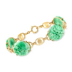 Ross-Simons - C. 1960 Vintage Carved Jade Floral Link Bracelet in 14kt Yellow Gold. 7". C. 1960. Ornate and undeniably eye-catching, this Estate collection bracelet alternates 18x14mm oval jades with sleek oval links of polished 14kt yellow gold. Each of the verdant gems is decorated with intricate floral carvings, for enhanced visual appeal. Springring clasp, carved jade floral link bracelet. Exclusive, one-of-a-kind Estate Jewelry. Carved Jade, Fine Jewelery, Jade Carving, Crown Jewels, Estate Jewelry, Link Bracelets, Dream Life, Jade, Gems