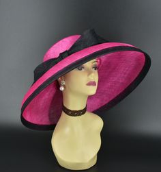 "✿*.Key Features.*✿ This is a Audrey Hepburn Style Hat. 19.75\"(50cm) extra wide brim, the widest stiff brim hat in my store! I have same style, but with feather flowers. Just search the same product code, you will find them, very beautiful! Great for Kentucky derby, weddings, church, Easter, Royal Ascot, horse races, cocktails, tea party, or any hat wearing occasion. Hat base size: From front to back: 19.75\" (50cm) From left to right: 19.75\" (50cm) Wide brim Appr: 7~7.5\"\" Head girth: 22.5\" Wide Brim Panama Hat For Formal Occasions, Elegant Adjustable Pink Fedora, Elegant Pink Adjustable Fedora, Pink Brimmed Cloche Hat, Pink Fitted Brimmed Fedora, Fitted Pink Brimmed Fedora, Elegant Pink Wide Brim Fedora, Pink Cloche Hat For Kentucky Derby, Curved Brim Boater Hat For Races