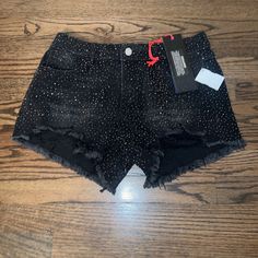 Rhinestone Denim Shorts Black Grey Denim Includeds Tags Excellent Condition Casual High Rise Jeans With Rhinestones, Casual High-rise Rhinestone Jeans, Casual Jeans With Rhinestone Fringe, Casual Stretch Bottoms With Rhinestones, Black Denim Jeans For Party, Fitted Black Bottoms With Rhinestone Fringe, Chic Black Bottoms With Rhinestones, Casual Rhinestone Party Jeans, Trendy Black Bottoms With Rhinestones