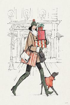 a drawing of a woman carrying presents while walking her dog