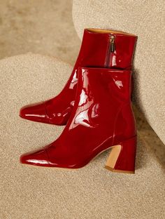 Aline Rubis - High heel boots in red patent leather Red Heeled Boots, Red Heel Boots, Women Heel Boots, Red Leather Boots, Fall Sneakers, Red Booties, Funky Shoes, Wedge Loafers, Platform Clogs