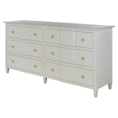 a white dresser with gold knobs on the top and bottom drawers, against a white background