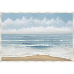 a painting of the ocean with waves coming in from the water and white clouds above