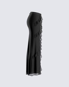 A modern take on a classy classic 😏 This black ruffle maxi skirt is crafted from ultra-soft chiffon fabric, and boasts a mid-rise fit, ruffle details, a slight mermaid shape, and an invisible side zipper 🖤 White Corset Dress, Corset Black, Ruffle Maxi Skirt, Yellow Mini Dress, Chain Dress, Rhinestone Top, Black Maxi Skirt, Black Off Shoulder, White Corset