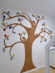 a child's room with a tree painted on the wall and stairs leading up to it