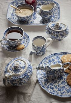 blue and white china tea set with cookies