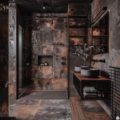 a bathroom with a walk in shower next to a wooden counter top and brown tile on the walls