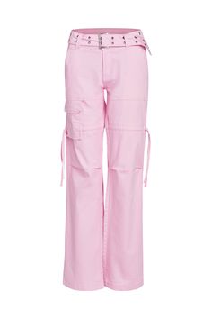 Details Best-selling Naima Cargo Pant is back Baby pink denim jean - Cargo pant style Low-rise waist and relaxed silhouette Double studded belt with silver buckle and eyelets Workable pockets throughout the front and back Featuring workable drawstring at thigh Unlined - This fabric is not sheer Recommended Underwear: Due to the low-mid rise, we recommend wearing this garment with a seamless low-mid brief Size and Fit True to size. We recommend wearing your standard size Low-rise waist - Sits app Pink High Waist Cargo Jeans, Pink High-waist Cargo Jeans With Pockets, Trendy High Waist Pink Cargo Pants, Spring Pink Bottoms With Cargo Pockets, Pink Wide Leg Cargo Jeans For Summer, Trendy Pink Cargo Pants For Spring, Pink Straight Leg Cargo Pants For Streetwear, Pink Wide Leg Y2k Pants, Casual Mid-rise Pink Cargo Pants