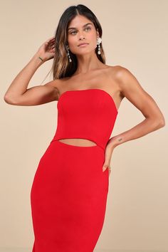 Fill any room with your fabulous aura the moment you walk in wearing the Lulus Gorgeous Existence Red Strapless Cutout High-Low Maxi Dress! Stretchy crepe woven fabric shapes this stunning dress that features a strapless, princess-seamed bodice (with hidden no-slip strips) and a straight neckline. A flirty center cutout accents the fitted waist that sits atop a figure-flaunting skirt that cascades down to a flaring, high-low maxi hem. Hidden back zipper/clasp. Fit: This garment fits true to size Red Dress With Straight Neckline For Date Night, Red Dress With Straight Neckline For Night Out, Chic Red Strapless Dress With Straight Neckline, Red Strapless Dress With Straight Neckline For Evening, Red Mini Dress With Straight Neckline For Night Out, Chic Red Strapless Dress With Sweetheart Neckline, Chic Red Strapless Dress, Strapless Summer Dress For Red Carpet, Red Mini Dress With Straight Neckline