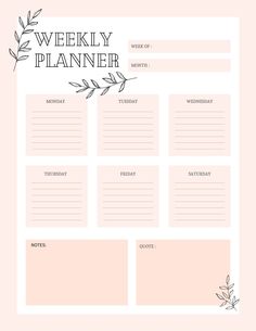 the weekly planner is shown on a pink background