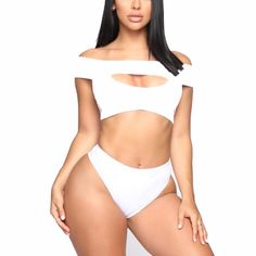 * Two Piece * Color: White * Off Shoulder Top * Cheeky High Waisted Bottom * Self: 85% Polyester 15% Elastane * Lining: 93% Polyester 7% Spandex Fitted Cutout Beach Crop Top, Fitted Cutout Crop Top For Beach, White Triangle Top For Pool, White Beachwear Top For Pool, Beachwear Tops For Club And Beach Season, High Waist Summer Crop Top For Beach, White Stretch Tops For Beach Party, White Seamless Crop Top For Vacation, White High Waist Tankini For Sunbathing