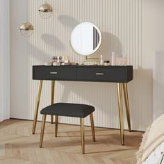 a dressing table with a mirror and stool next to it on the floor in front of a wall