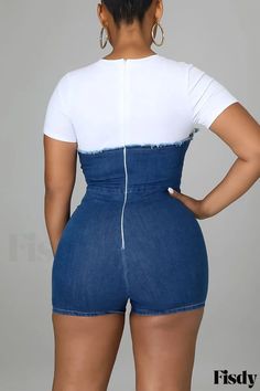 Fisdy - Solid Patchwork O Neck Straight Jumpsuits in Cowboy Blue - An Ideal Casual Wear for Trendy Fashion Enthusiasts Overalls Outfits, Short Sleeve Denim, Short Playsuit, Summer Jeans, Casual Rompers, Denim Romper, Midi Dress Casual, Cow Boy, Denim Patchwork