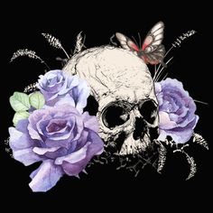 a skull and some flowers on a black background