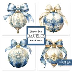 four blue and white christmas ornaments with bows