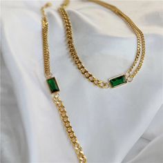 Gold tone Stainless Steel Eva Classic Emerald Jewelry Set from Glazd Jewels Trendy Green Stackable Jewelry, Emerald Jewelry Set, Emerald Set, Gold Piece, Emerald Jewelry, Necklace Bracelet, Fashion Makeup, Jewelry Set, Diamond Jewelry