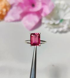 Pink Tourmaline Solitaire Ring * Silver Emerald Cut Gemstone Ring * October Birthstone Ring * Handcrafted Women's Ring * Tourmaline Stackable Ring  Material :- Silver (925 Solid Sterling Silver ) Gemstone : - Lab Grown Tourmaline Item Weight :- Approx. 2 gram Stone Size :- 7 X 9 MM Stone Shape :- Emerald Cut Select Size in Variation , if you don't find perfect size please buy any size and message us your size we'll make Payment Policy We accept payment through PayPal. All payments must be made w Pink Tourmaline Jewelry With Accent Stones, Faceted Tourmaline Ring Gift, Tourmaline Sapphire Ring With Accent Stones As Gift, Pink Tourmaline Sapphire Ring As Birthstone, Pink Tourmaline Sapphire Ring Gift, Pink Tourmaline Gemstone Rings, Tourmaline Jewelry With Prong Setting, Pink Tourmaline Jewelry With Prong Setting, Tourmaline Jewelry With Prong Setting, Gift