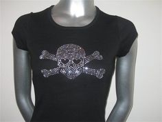 Rhinestone Skull And Crossbone Diy Rhinestone Shirt, Bling Aesthetic, Industrial Goth, Emo Shirts, Rhinestone Outfit, Rhinestone Skull, Rhinestone Tees, Clothes Board, Rhinestone Shirts