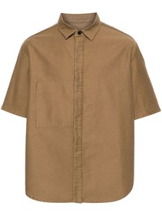 brown cotton classic collar short sleeves box-pleat detail curved hem internal patch pocket concealed front button fastening Box Pleats, Patch Pocket, Cotton Shirt, Fashion Branding, Mens Shirts, Short Sleeves, Collar, Quick Saves, Clothes