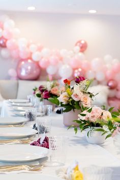 White and Pink it's a Girl Baby Shower. Pink, peach and white flower centerpieces created by Anthesis Co. White and Pink balloon arch. White and Gold table set. Hair scrunchie party favors. Light pink cake with oh baby sign. Pastel Pink Weddings, Guest Table Centerpieces, Farm Wedding Photos, Boston Wedding Photographer, Bee On Flower, Valentine Photo, Floral Studio