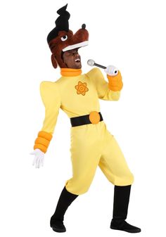 a man in a yellow costume holding a toothbrush