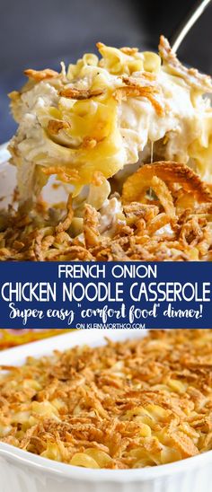 french onion chicken noodle casserole in a white dish