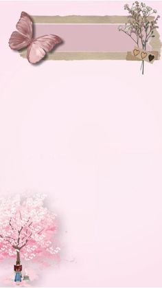 a pink background with flowers and a butterfly on the top right corner is an empty space for text