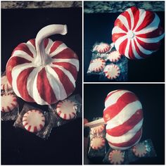 four different pictures of candy canes in the shape of pumpkins and candies