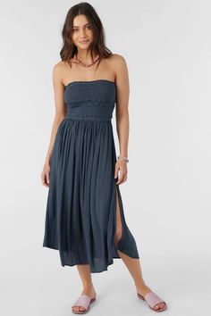 Devyn Midi Midi Dress - Slate | O'Neill Strapless Midi Dress, Woman Weaving, Dress Romper, Ruffle Hem, Smocking, Strapless Dress, Jumpsuit Romper, Bodice, Jumpsuit