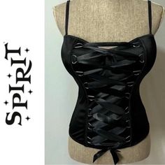 Spirit | Intimates & Sleepwear | Nwt Spirit Halloween L Black Satin Corset Bustier Top Lace Up Underwired Push Up | Poshmark Black Corset With Straps For Costume Party, Black Gothic Corset With Straps, Halloween Festival Corset, Halloween Underbust Corset For Night Out, Underbust Corset For Halloween Night Out, Halloween Overbust Corset For Night Out, Halloween Night Out Underbust Corset, Black Coquette Underwire Corset, Black Underwire Coquette Corset