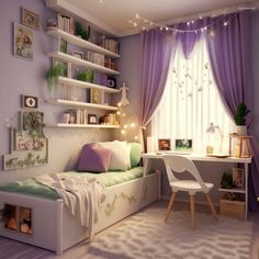 a bedroom with purple curtains, a white desk and a small bed in the corner