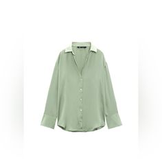 Zara Like New / Never Worn Beautiful Green Satin Button Down Blouse With V-Neck Collar And Long Sleeves. Long Sleeve Satin Blouse, Green Button, Satin Blouse, Green Satin, Button Down Blouse, Neck Collar, Zara Tops, Button Downs, Button Up