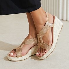 Category:Heels,Sandals; Upper Materials:Linen; Heel Type:Wedge; Gender:Women's; Style:Vacation; Heel Height(inch):3-4; Outsole Materials:Rubber; Closure Type:Elastic Band; Listing Date:04/29/2024; 2024 Trends:Boho Beach,Espadrille; Foot Length:null; Foot Width:null Synthetic Wedge Sandals For Vacation, Wedge Sandals For Vacation, Gold Wedge Sandals For Beach Season, Gold Open Toe Wedge Sandals For Beach Season, Gold Open Toe Wedge Sandals For Summer, Vacation Wedge Sandals, Casual Gold Wedge Sandals For Vacation, Synthetic Wedge Sandals For Beach Vacation, Summer Synthetic Wedge Sandals For Vacation