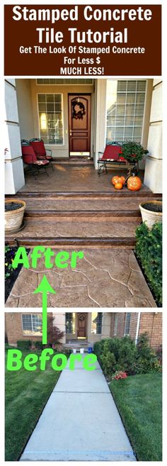 before and after photos of a stamped concrete walkway in front of a house with steps leading up to the front door