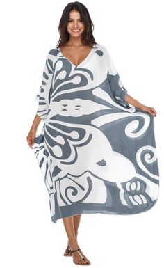 Long Butterfly Kaftan Dress Coverup cute summer dress-loveshushi-grey and white Tropical Long Sleeve Cover-up For Beach Season, Lightweight V-neck Beach Cover-up, White V-neck Breezy Cover-up, Lightweight V-neck Cover-up For Beachwear, Bohemian Lightweight Cover-up For Beach Party, Lightweight Long Sleeve Beachwear Cover-up, Lightweight Spring Beachwear Cover-up, Blue Flowy Cover-up For Beach Season, Beachy Tropical Print Cover-up For Beach