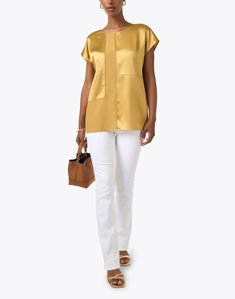 Designed with the modern woman in mind, Lafayette 148 New York brings their signature style to life with this top. The luxurious 100% silk silhouette is crafted with interlocking panels, creating a monochromatic geometric motif. Wear it with anything from your favorite jeans to ladylike skirts for a variety of chic styling options. Skirt And Top Dress, Geometric Motif, Yellow Silk, Silk Charmeuse, Skirt Top, Favorite Jeans, Signature Style, Dress Accessories, Shirt Outfit