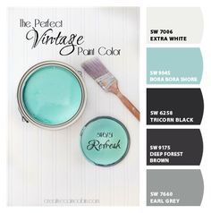 the perfect vintage paint color is shown in shades of blue, gray and white with text overlay