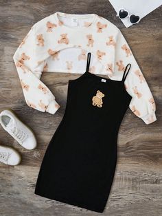 Teen Girl 2pcs/Set Bear Plush Cropped Cami Dress And Fleece Thickened Jumpsuit, Winter Multicolor Casual  Long Sleeve  Cartoon  Slight Stretch  Teen Girls Clothing, size features are:Bust: ,Length: ,Sleeve Length: Birthday Outfit For Teens, Girls White Shirt