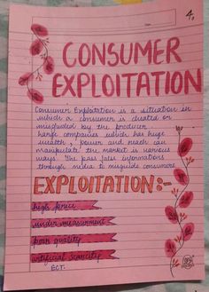 a pink piece of paper with writing on it that says consumer expotion and explotation