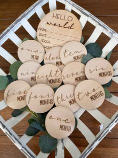 wooden badges with names on them sitting in a basket