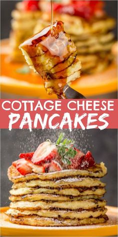 collage of cottage cheese pancakes with strawberries and syrup being drizzled on top