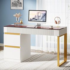 Tribesigns 47 Inch Modern Home Office Desk with Glass Top and 4 Drawers, Writing Workstation Desk for Living Room, Image 1 White Gold Desk, Desk With Glass Top, Workstation Desk, Red Desk, Modern Home Office Desk, White Desk Office, Gold Desk, Bedroom Makeup Vanity, Gold Writing