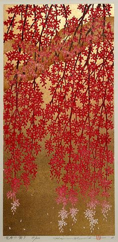 red flowers are hanging from the branches of a tree in front of a gold background