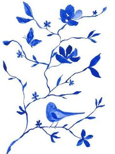 a blue bird sitting on top of a branch with leaves and flowers in the background