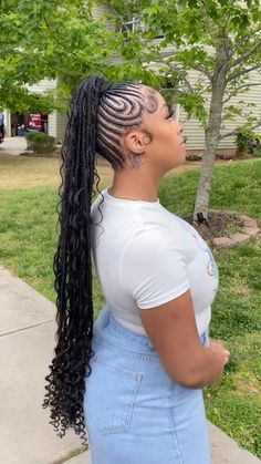 Small Braids Into Ponytail, Cornrow Ponytail Styles 2024, Pony Cornrow Hairstyles, Cornrow Ponytail With Curls, Braided Cornrow Ponytail Hairstyles, Fast Braided Hairstyles, Braided Cornrow Hairstyles Updo, Braided Boho Ponytail, Stitch Braided Ponytail