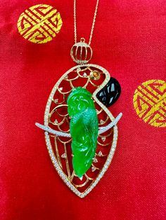 Please check out the HD video! The design of this Parrot within a Parrot is quite clever! Here is a vivid green Jade and diamond parrot pendant. It is certified by 2 labs to be natural without treatment. The carved parrot is vivid green and close to the best color in Jade. Best color being imperial green. (just one shade darker) The pendant is set in 18k yellow gold "parrot frame" and diamonds. A total of 0.92 Cts of diamonds were used all over the pendant. A small agate (eye) and black "beak" material (jade or onyx) is also set into this 18k yellow gold setting. The untreated / unenhanced natural jade is translucent. The color is vivid green color that is in high demand. The jade is full of life. This vivid green "pops" and the color is hard to forget. This is one of those pendants that y Best Color, Yellow Gold Setting, Be Natural, Natural Jade, Yellow Gold Chain, Green Jade, Jewelry Business, Jade Green, Type A