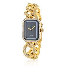 Chanel - 18K Yellow Gold Premier Diamond Black Dial Watch – Robinson's Jewelers Diamond Chain Bracelet, Sapphire Birthstone, Diamond Quartz, Diamond Chain, Watch Chain, Gold Case, Bezel Diamond, Diamond Watch, Ladies Watch